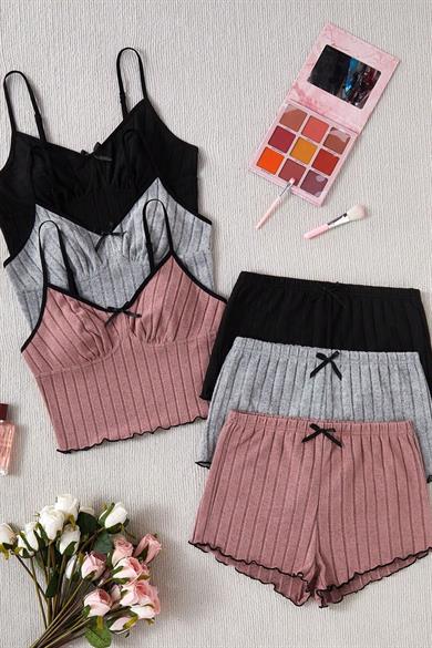 Bella Notte Çok Renkli 3 Renk 6 Parça Pamuklu Şort Pijama Takımı 7579