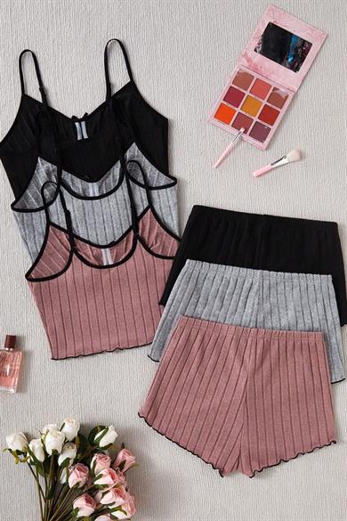 Bella Notte Çok Renkli 3 Renk 6 Parça Pamuklu Şort Pijama Takımı 7579