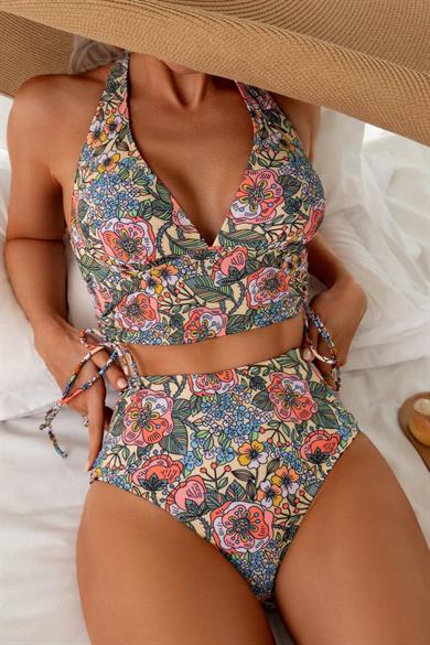 Bella Notte Çok Renkli Çiçek Bahçesi Yüksel Bel Bikini Takım M-9023
