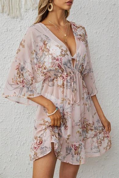 Bella Notte Çok Renkli Çiçek Desenli Bel Bağcıklı Pareo P-3001