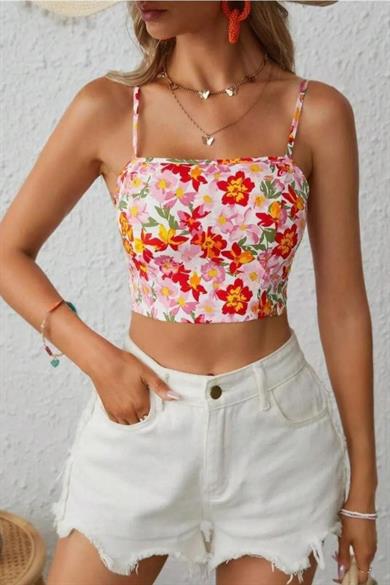 Bella Notte Çok Renkli Retro Çiçekli Askılı Crop B-5510