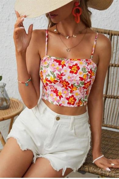 Bella Notte Çok Renkli Retro Çiçekli Askılı Crop B-5510