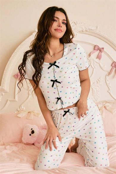 Bella Notte Çok Renkli Romantik Kalp Baskılı Fiyonklu Pijama Takımı 7331