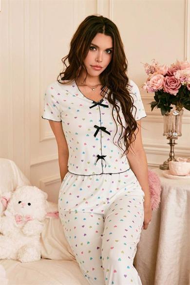 Bella Notte Çok Renkli Romantik Kalp Baskılı Fiyonklu Pijama Takımı 7331