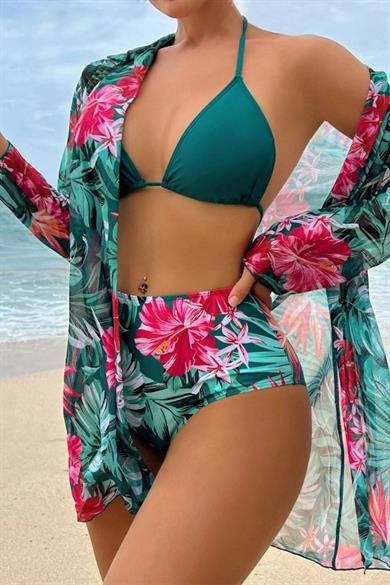 Bella Notte Çok Renkli Tropikal Baskılı 3 Parça Bikini Takımı M-9007