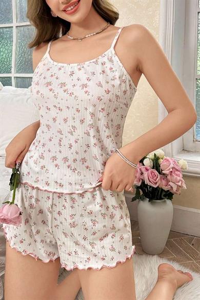 Bella Notte Ekru Bahar Esintisi Askılı Şort Takım 7721