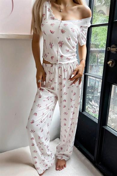 Bella Notte Ekru Bisiklet Yaka Çiçekli Pikama Takımı 7375