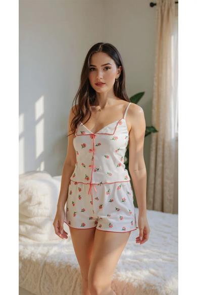 Bella Notte Ekru Çiçek Baskılı Askılı V Yaka Şort Takım 7731