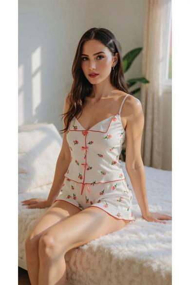 Bella Notte Ekru Çiçek Baskılı Askılı V Yaka Şort Takım 7731