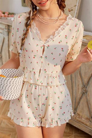 Bella Notte Ekru Çiçek Baskılı Dantel Yakalı Şort Takım 7725