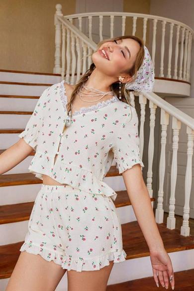 Bella Notte Ekru Çiçek Baskılı Dantel Yakalı Şort Takım 7725