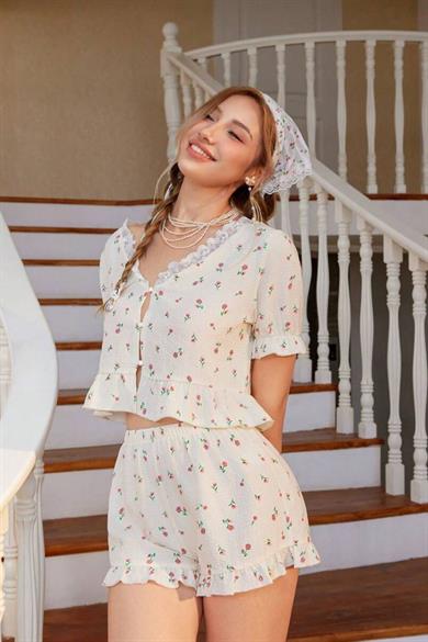 Bella Notte Ekru Çiçek Baskılı Dantel Yakalı Şort Takım 7725