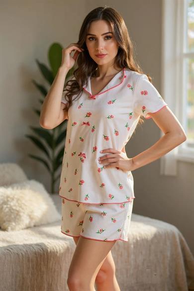 Bella Notte Ekru Çiçek Baskılı Kısa Kollu Şort Takım 7735