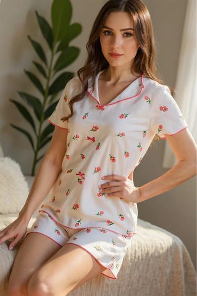 Bella Notte Ekru Çiçek Baskılı Kısa Kollu Şort Takım 7735