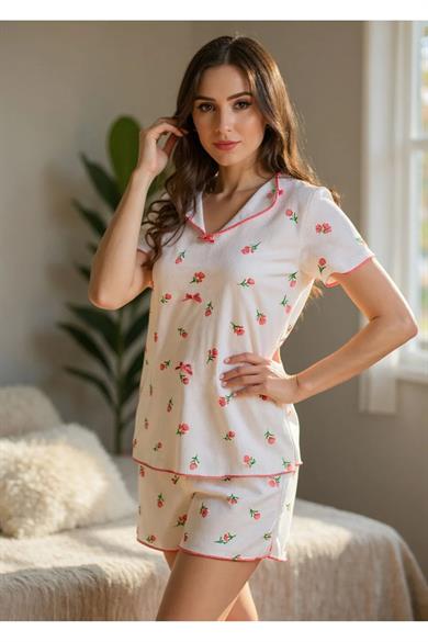 Bella Notte Ekru Çiçek Baskılı Kısa Kollu Şort Takım 7735
