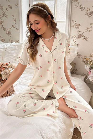 Bella Notte Ecru Floral Print Collar Pajama Set 7036