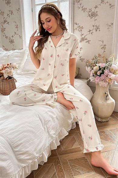 Bella Notte Ecru Floral Print Collar Pajama Set 7036