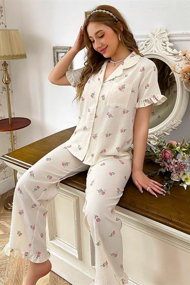 Bella Notte Ecru Floral Print Collar Pajama Set 7036