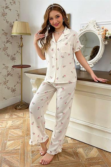 Bella Notte Ecru Floral Print Collar Pajama Set 7036