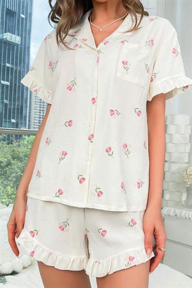 Bella Notte Ecru Patterned Button-up Shorts Set 7529