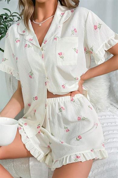 Bella Notte Ecru Patterned Button-up Shorts Set 7529