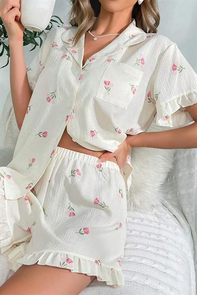 Bella Notte Ecru Patterned Button-up Shorts Set 7529