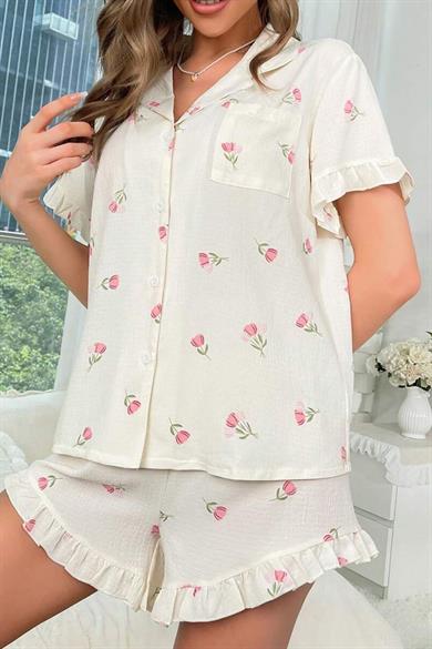 Bella Notte Ecru Patterned Button-up Shorts Set 7529