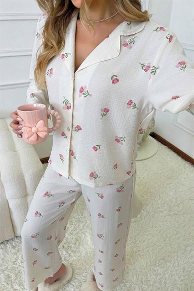Bella Notte Ekru Desenli Düğmeli Uzun Pijama Takım 7085