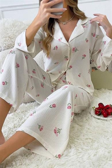 Bella Notte Ekru Desenli Düğmeli Uzun Pijama Takım 7085