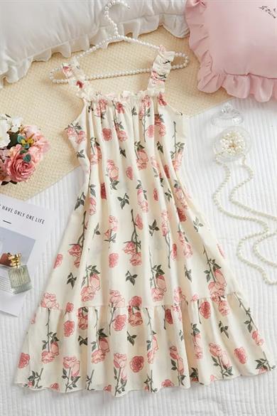 Bella Notte Ekru Gül Desenli Gecelik Elbise 35527
