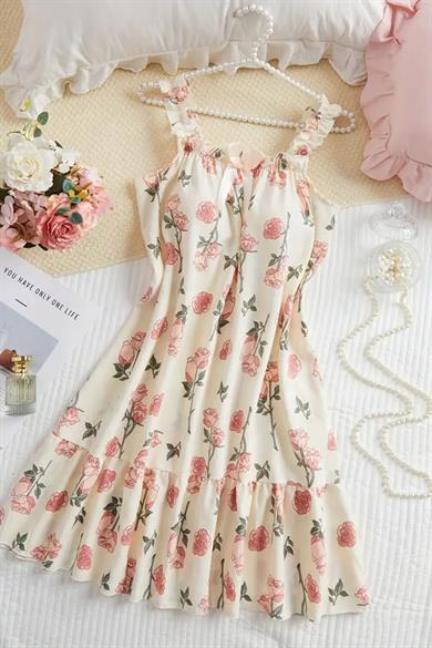 Bella Notte Ekru Gül Desenli Gecelik Elbise 35527