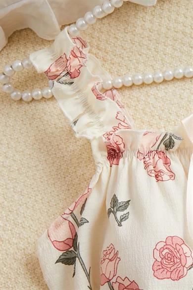 Bella Notte Ekru Gül Desenli Gecelik Elbise 35527