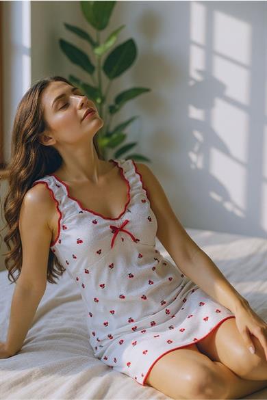 Bella Notte Ekru Kiraz Baskılı Büzgülü Kalın Askılı Gecelik 15981