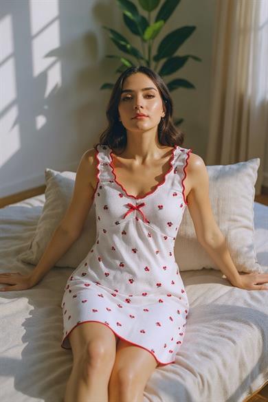 Bella Notte Ekru Kiraz Baskılı Büzgülü Kalın Askılı Gecelik 15981