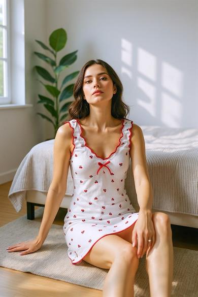 Bella Notte Ekru Kiraz Baskılı Büzgülü Kalın Askılı Gecelik 15981