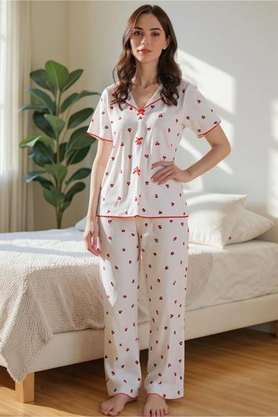 Bella Notte Ekru Pamuklu Kiraz Baskılı Kısa Kollu Pijama Takım 7357