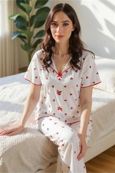 Bella Notte Ekru Pamuklu Kiraz Baskılı Kısa Kollu Pijama Takım 7357