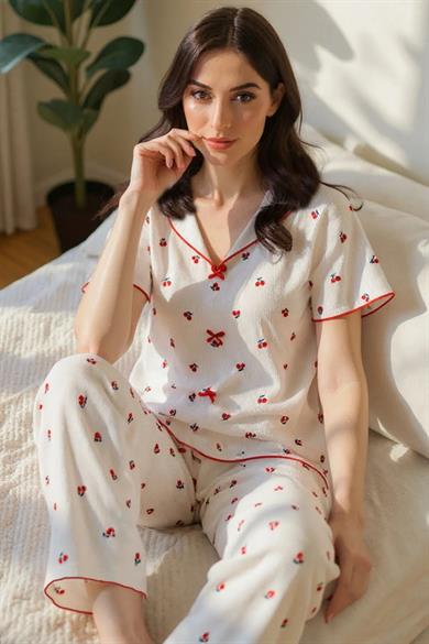Bella Notte Ekru Pamuklu Kiraz Baskılı Kısa Kollu Pijama Takım 7357