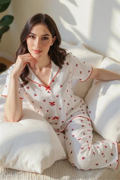 Bella Notte Ekru Pamuklu Kiraz Baskılı Kısa Kollu Pijama Takım 7357