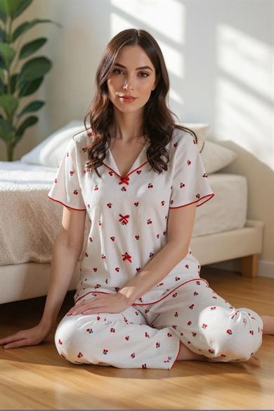 Bella Notte Ekru Pamuklu Kiraz Baskılı Kısa Kollu Pijama Takım 7357