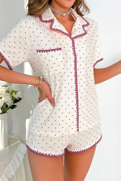 Bella Notte Ecru Pink Heart Patterned Shorts Set 7531