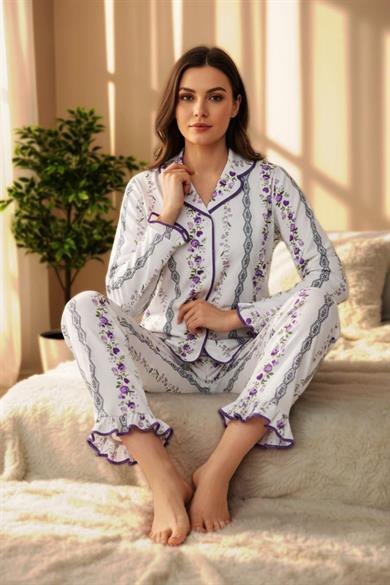 Bella Notte Ekru Pembe Minimal Çiçek Desenli Vintage Pijama Takımı 77300