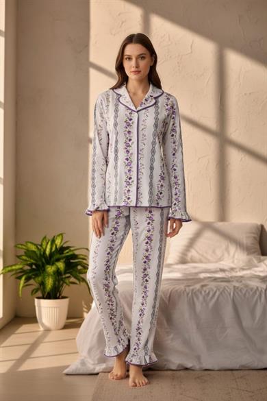 Bella Notte Ekru Pembe Minimal Çiçek Desenli Vintage Pijama Takımı 77300