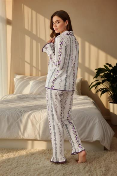 Bella Notte Ekru Pembe Minimal Çiçek Desenli Vintage Pijama Takımı 77300