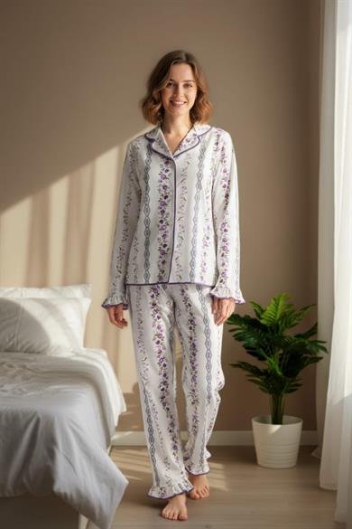 Bella Notte Ekru Pembe Minimal Çiçek Desenli Vintage Pijama Takımı 77300