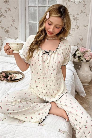 Bella Notte Ekru Retro Model Kare Yaka Pijama Takımı 7309