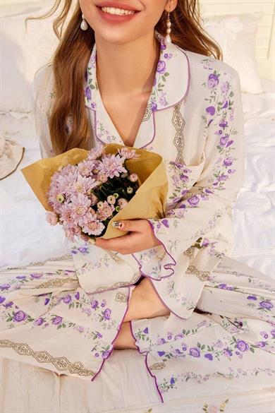 Bella Notte Ekru Romantik Mor Çiçek Desenli Pijama Takımı 77003
