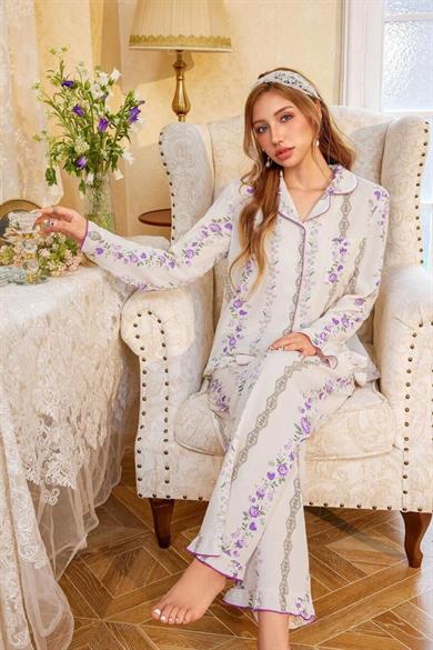 Bella Notte Ekru Romantik Mor Çiçek Desenli Pijama Takımı 77003