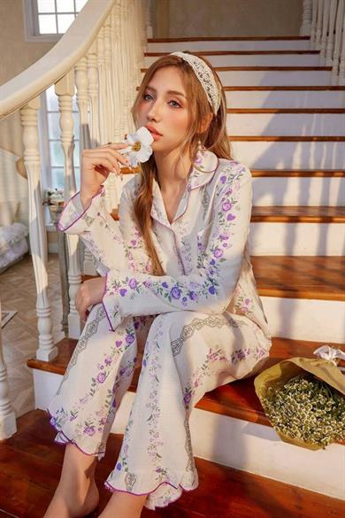 Bella Notte Ekru Romantik Mor Çiçek Desenli Pijama Takımı 77003