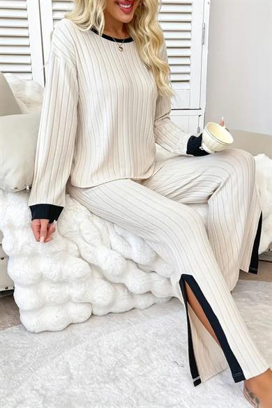 Bella Notte Ekru Uzun Kollu Yırtmaç Detaylı Alt Üst Takım 77324